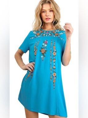 NWT Umgee Pina Colada Please Embroidered Shift Dress Ocean Blue 1XL Turquoise